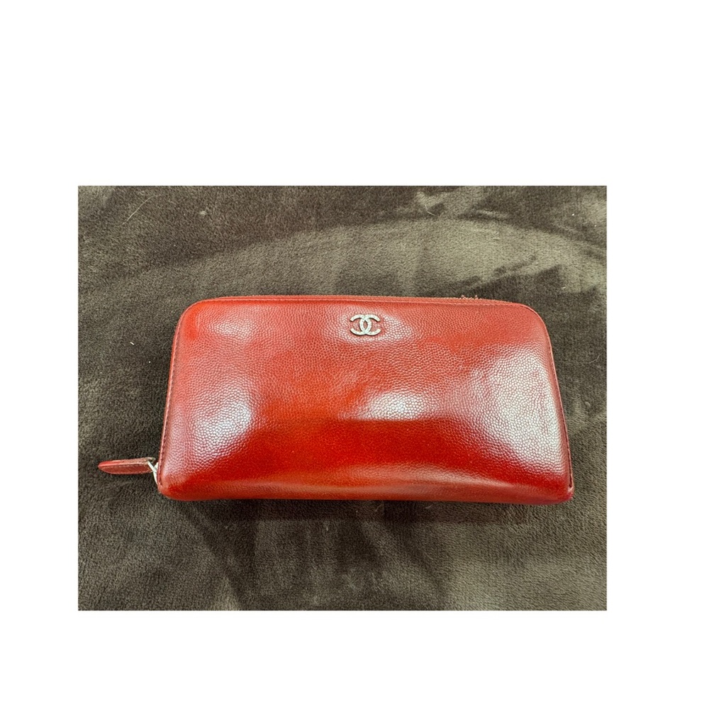 Chanel Red Goatskin Leather Zippered Wallet with CC logo